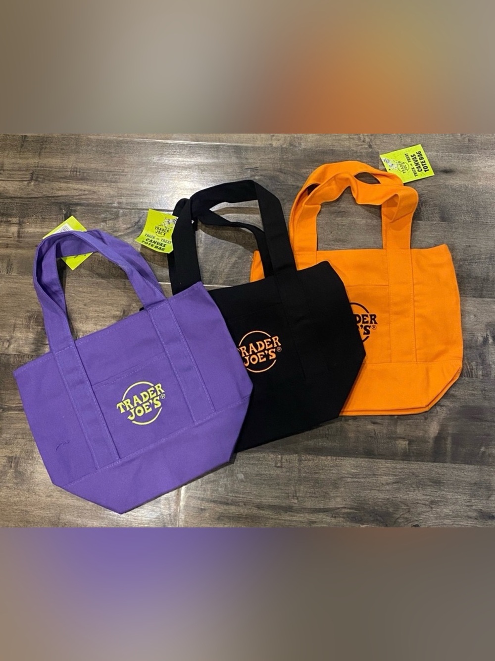 Trader Joe's Mini Canvas Halloween Tote Bags - Set of 3 - purple, black, orange